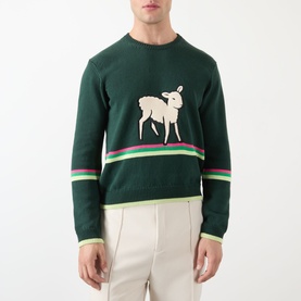 Model wearing JW Anderson Sheep Stripe Sweater in dark fir, featuring intarsia sheep motif, multicolour stripe hem detail, crew neck, styled with