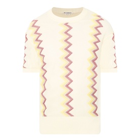 JW Anderson Chevron Pattern Sweater in ivory, crew neck, short sleeves, with multicolour zigzag stripe detail and ribbed trims