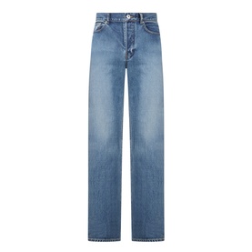 JW Anderson Mid-Rise Straight Leg Jeans in mid blue faded wash, straight leg, five pockets, belt loops, zip and button fly