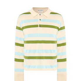 JW Anderson ivory striped cotton-wool polo with green and blue horizontal stripes, collared neckline and long sleeves