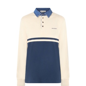 JW Anderson off white and navy colour-block long-sleeve polo shirt with denim collar and button placket, 100% cotton
