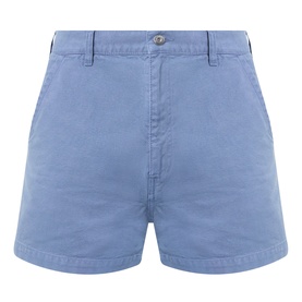 JW Anderson Hiking Chino Shorts in steel blue cotton, button fastening, belt loops and side pockets, flat lay view.