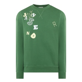 JW Anderson Scattered Logo Sweatshirt in green with crew neck, ribbed trims, and scattered letter and snake graphics