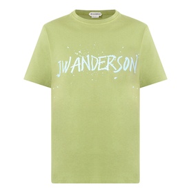 JW Anderson Circular Logo T-Shirt in leaf green cotton, with graffiti-style logo graphic print, round neck and short sleeves