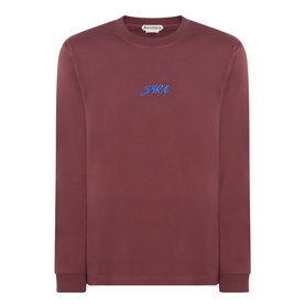 JW Anderson burgundy cotton long-sleeve T-shirt with blue embroidered logo at chest, crew neck, relaxed fit