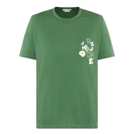 JW Anderson Scattered Logo T-Shirt in green with chest lettering graphic, round neck, short sleeves, and straight hem