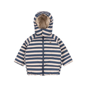 Konges Sl&oslash;jd children's hooded coat in Bleu Noir stripe, zip-front with quilted finish and contrast beige lining visible at hood