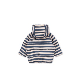 Konges Sl&oslash;jd children's coat in Bleu Noir stripe, rear view showing hooded design and navy and cream horizontal stripes.
