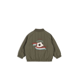 Konges Sl&oslash;jd khaki children's quilted bomber jacket, back view with embroidered football and scarf graphic