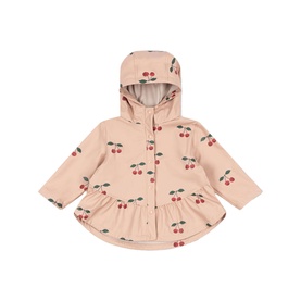 Konges Sl&oslash;jd children's hooded jacket in pink Ma Grande Cerise cherry print with ruffle hem and zip fastening