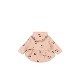Konges Sl&oslash;jd children's hooded jacket in pink Ma Grande Cerise print, featuring gathered waist and all-over cherry pattern, back view.