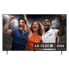 LG 55 Inch OLED B6 4K Smart TV in black, slim profile with stand, screen showing sports fans celebrating