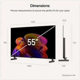 LG 55 Inch OLED B6 4K Smart TV in black, dimensions diagram showing 1228mm width, 708mm height, and 45.9mm depth in mm