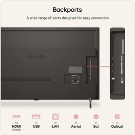 LG 55 Inch OLED B6 4K Smart TV in black showing rear panel with HDMI, USB, LAN, Aerial, Sat and Optical ports