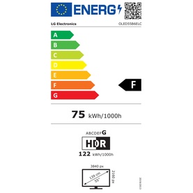 LG 55 Inch OLED B6 4K Smart TV EU energy label rated F, 75 kWh/1000h, HDR 122 kWh/1000h
