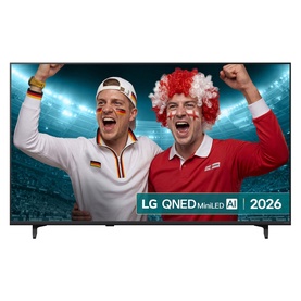 LG 55 Inch Mini LED 4K Smart TV in black, displaying football fans celebrating on screen, with QNED MiniLED AI branding visible