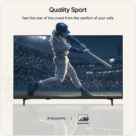 LG 55 Inch Mini LED 4K Smart TV in black, shown displaying a baseball game, with slim stand legs and AI Sound Pro feature highlighted