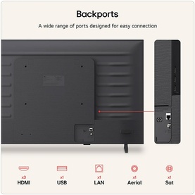 LG 55 Inch Mini LED 4K Smart TV in black, rear view showing backports including HDMI, USB, LAN, Aerial and Sat connections