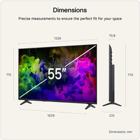 LG 55 Inch Mini LED 4K Smart TV in black, dimension diagram showing width 1228mm, height 715mm and depth 235mm