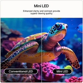 LG 55 Inch Mini LED 4K Smart TV comparison showing Mini LED versus Conventional LED display clarity, featuring vivid underwater turtle scene