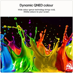 LG 55 Inch Mini LED 4K Smart TV Dynamic QNED colour feature graphic showing vivid multicolour paint splashes on black background