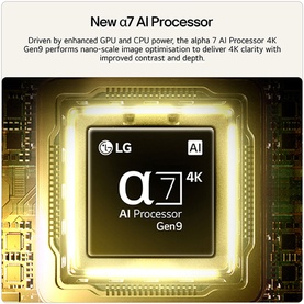 LG 55 Inch Mini LED 4K Smart TV alpha 7 AI Processor 4K Gen9 chip close-up, black component with gold circuit detail