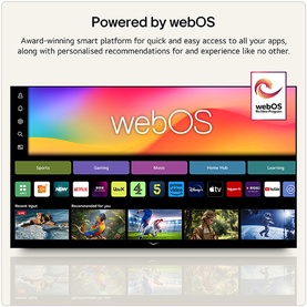 LG 55 Inch Mini LED 4K Smart TV in black, showing webOS smart platform interface with app icons and personalised recommendations on screen.