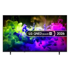 LG QNED MiniLED AI 2026 smart TV with slim black frame, vivid colourful display, on two-leg stand