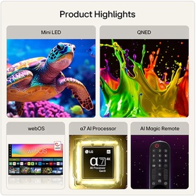 LG QNED TV product highlights grid showing Mini LED turtle image, vivid colour splash, webOS interface, &alpha;7 AI Processor chip, and AI Magic Remote