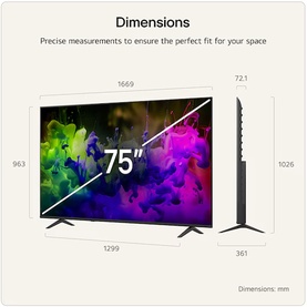 75-inch flat-screen TV dimension diagram showing width 1669mm, height 1026mm, depth 361mm, and stand width 1299mm