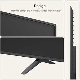 Dark grey flat-screen TV detail shots showing slim bezel design, textured back panel, and V-shaped stand base