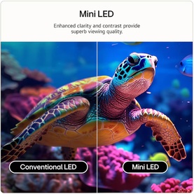 Side-by-side comparison of Conventional LED vs Mini LED display quality, showing enhanced clarity and contrast with a vibrant underwater turtle scene.