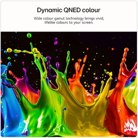 Vivid multicolour paint splash illustrating Dynamic QNED wide colour gamut technology with lifelike, vibrant hues on screen.