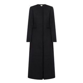Loulou Studio black wool blend longline coat with collarless neckline, concealed front fastening and structured silhouette