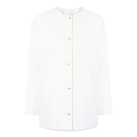 Loulou Studio ivory wool-cashmere coat with collarless neckline, long sleeves, and snap button front fastening.