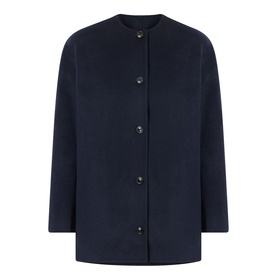 Loulou Studio Navy Melange wool cashmere collarless coat with button front fastening and relaxed silhouette
