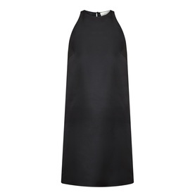 Loulou Studio black silk mini dress with halterneck silhouette, sleeveless trapeze cut and button back neck detail