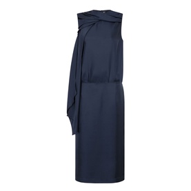 Loulou Studio navy silk midi dress with draped knot shoulder detail and sleeveless silhouette