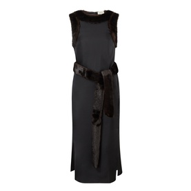 Loulou Studio black silk dress with faux fur trim neckline and matching tie belt, sleeveless midi length with side splits