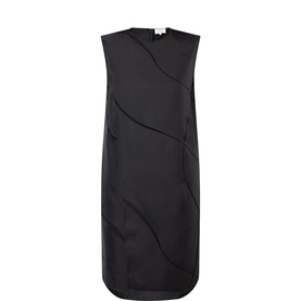 Loulou Studio black silk sleeveless shift dress with diagonal panel seam detailing and relaxed silhouette