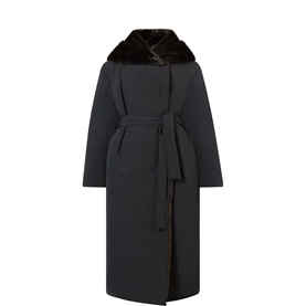Loulou Studio black belted longline coat with dark grizzly faux fur collar, wrap front, and tie waist belt
