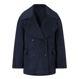 Loulou Studio navy melange wool-cashmere double-breasted jacket with wide lapels, flap pockets, and button fastening