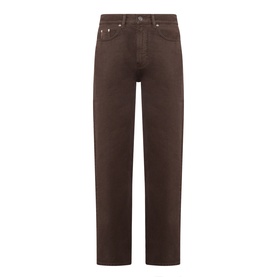 Loulou Studio brown straight-leg jeans in 100% cotton with five-pocket styling and zip fly, flat lay view.