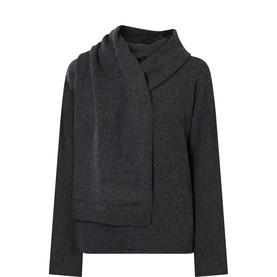 Loulou Studio charcoal cashmere knit jumper with attached draped scarf detail, long sleeves, relaxed fit