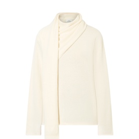 Loulou Studio ivory cashmere knitwear with draped scarf collar detail and long sleeves