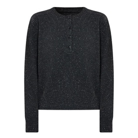 Loulou Studio Malo Half-Buttoned Sweater in Peppered Anthracite, crew neck, half-button placket, long sleeves, ribbed trims, 100% cashmere