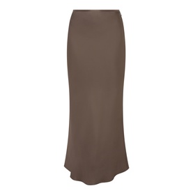 Loulou Studio dark brown silk midi skirt with bias-cut silhouette and elasticated waistband, shown flat