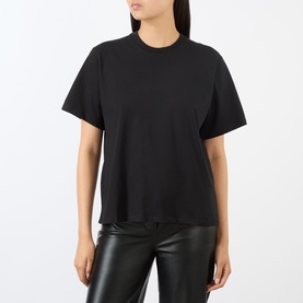 Model wearing black crew neck short sleeve T-shirt, styled with black leather trousers