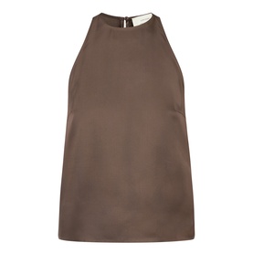 Loulou Studio dark brown 100% silk halterneck top with high neckline and button back detail, sleeveless cut