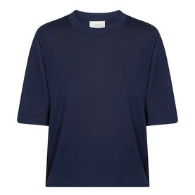 Loulou Studio Nala Cashmere Sweater in navy, short-sleeve round neck knit with straight hemline and relaxed fit